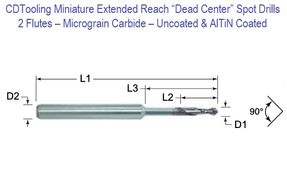 .015 X 90 DEG X .125RCH - 2 FLUTE - Extended Reach Micro-Grain Carbide - Miniature Dead Center Spot Drill - ID: 15354-22015LR